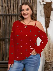 SHEIN LUNE Áo phông hở vai cỡ lớn in hình trái tim ngày lễ tình nhân, giản dị tối giản, in toàn bộ, mùa xuân và mùa thu - Nhiều màu - Xem 5