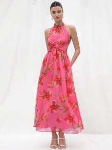 Aveloria Rosie New Fashion French Style Elegant Ladylike Vacation Romantic Mini Stand Collar Shoulder Cut-Out Waist Ruched Cinched Waist Fitted Flared Hem Bold Floral Print Chiffon Dress For Women Boho Beach Fashionable Style All Over Print For Summer