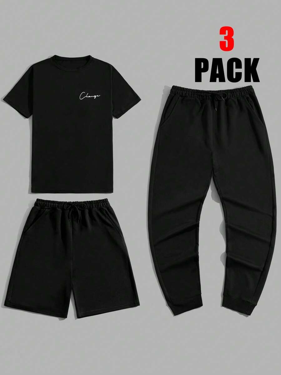 RueChic Men 3pcs Pack Solid Letter Printed Regular T-Shirt & Short & Pants Set - Black - View 1