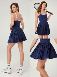 GLOWMODE Bộ đồ liền thân FeatherFit™ Play Peekaboo màu tương phản có chân váy xếp ly có thể tháo rời Túi bên hông Yoga tác động thấp hàng ngày có thể tháo rời Cúp ngực - Dark Blue - Xem 11