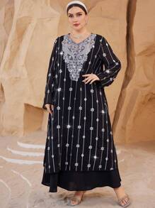 Al Najma Plus Size Long Sleeve Embroidered Mesh Double Layer Abaya Dress - Black - View 4