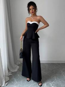 xheElenzga Set de 2 piezas de top tubo y pantalones de pierna ancha de color contrastante para mujerxhe - Negro - Ver 7
