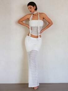 SHEIN BAE Women's White Summer Elegant Seductive Vacation Bohemian Lace Tube Top Ribbon Corset And Slim Maxi Skirt Two-Piece Set,Boho Beach Holiday Outfits - White - View 1
