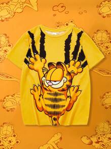 GARFIELD X SHEIN Maglietta a maniche corte con scollo rotondo, stampa a graffio di gatto per ragazzo adolescente