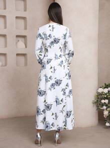 Veilorie Women's Floral Print Round Neck Lantern Sleeve Elegant Mid-Length Dress, Perfect For Vacation - White - View 4