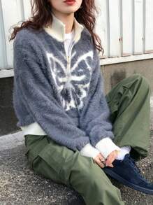 FRIFUL Women's Grey Oversized Turtleneck Butterfly Jacquard Pattern Sweater - Grey - View 3