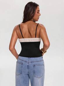SHEIN BAE Sexy Sweet & Spicy Women's Party Top With Mesh & Satin Patchwork, Suitable For Music Festival, Street Fashion, Party Activities, Daily Wear - Black - View 2