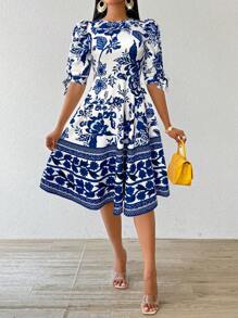 SHEIN Lady Vestidos elegantes de primavera y verano para mujer, conjuntos de vacaciones, vestidos de cumpleaños, vestidos de boda y vestidos de invitada de boda, vestidos de verano, ropa de iglesia. Vestido de mujer con diseño de manga y lazo en estampado floral azul - Azul - Ver 4