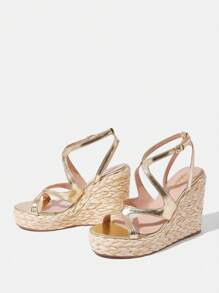 Styleloop 女士编织绳厚底坡跟凉鞋，度假风格波西米亚风复古美式西部音乐节派对装 - 金色 - 查看 5