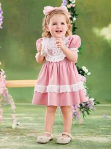 SHEIN Baby Girl Woven Ruffle Puff Sleeve Fitted Dress - Pink - View 8
