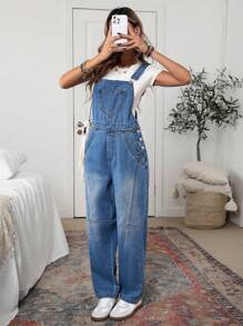 SHEIN LUNE Loose Casual Non-Elastic Button Pocket Patchwork Washing Denim Bib Pants Boyfriend Jeans - Blue - View 4