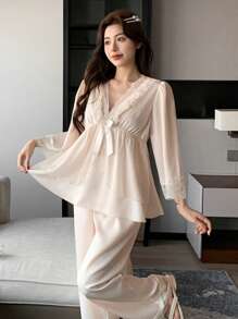 DAZY Romantic Lace Ruffle V-Neck Puff Sleeve Cinched Waist Ladies' Pajama Set - Beige - View 5
