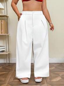 SHEIN EZwear 大码高腰休闲直筒宽松办公裤，厚实舒适 - 白色 - 查看 3