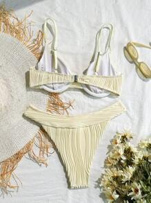 SHEIN Swim Damen Sommer 2-teiliges Bikini Set, einfarbiger strukturierter Stoff mit Bügel und Spaghettiträgern, Strandmode Bademode Boho-Stil, für Sommer Strandurlaub