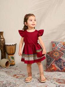 Vestido rojo vino elegante y vintage estilo palacio para niñas bebés con decoración de dobladillo con volantes, incluye bolso a juego, para verano - Burdeos - Ver 1