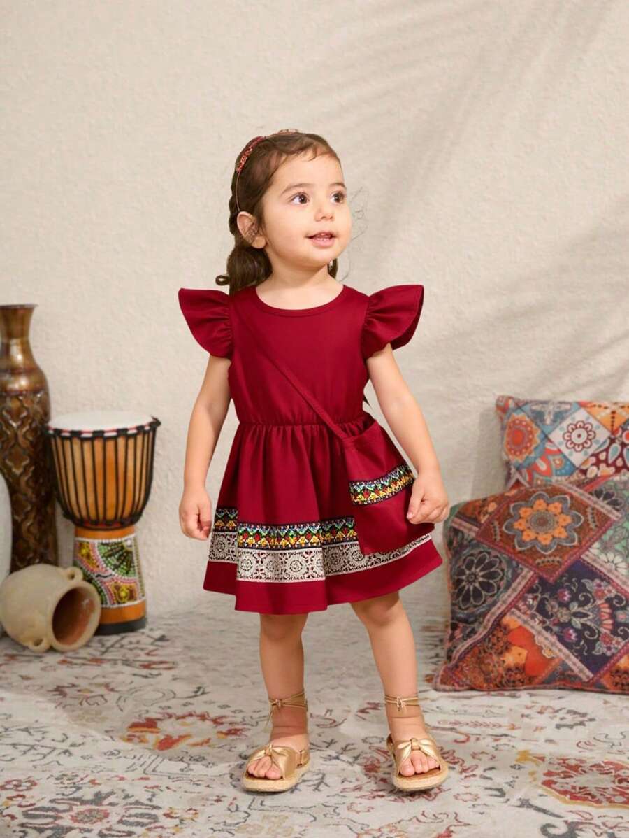 Vestido rojo vino elegante y vintage estilo palacio para niñas bebés con decoración de dobladillo con volantes, incluye bolso a juego, para verano - Burdeos - Ver 1