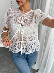 SHEIN ChicEase Textured Bowknot Decor Women's Elegant Blouse - White - View 4