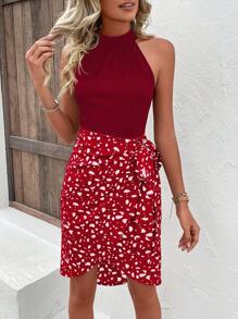 SHEIN Clasi Women's Solid Color Patchwork Sleeveless Minimalist Short Casual Dress - Burgundy - View 6