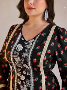 Al Najma Plus Size Women Floral Print Patchwork Ribbon V-Neck Long Sleeve Dress - Multicolor - View 4