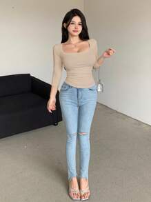 DAZY Solid Color Minimalist Fitted Women Crew Neck T-Shirt,Fall Clothes - Apricot - View 2