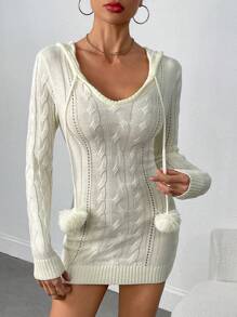 INAWLY Solid Color Knit Long Sleeve Dress, Minimalist Style For Daily & Casual Wear Fall Cloth For Women - Beige - View 6