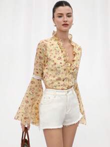 Femmeiva Women's Yellow Ditsy Floral V-Neck Frill Blouse,Autumn Boho Holiday Tea Party Long Flared Sleeve Lace Embellished Waist-Cinched French Vintage Top - Yellow - View 5