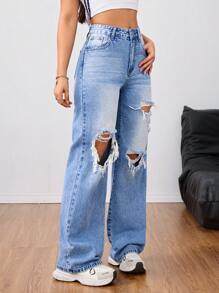 SHEIN Tall بنطلون جينز نسائي كاجوال مزود بجيب وتصميم ممزق مميز ، متعدد الاستخدامات - الأزرق - مشاهدة 5