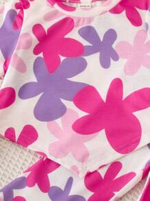 SHEIN LMoss Kids Baby Girl Floral Print Knit Short Sleeve T-Shirt And Pants 2 Pieces Set, Cute Summer Outfit - Pink - View 4