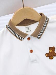 SHEIN 男童 2 件套休闲可爱百搭卡通熊 Polo 衫和卡其色短裤针织套装，适合学校、花园、海滩、生日、春季、夏季、秋季、冬季 - 彩色 - 查看 4