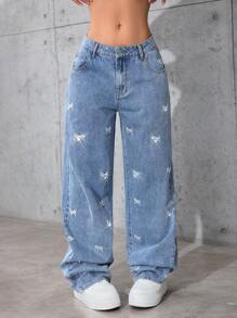 Jeanoix 女士休闲水钻刺绣蝴蝶结口袋牛仔裤