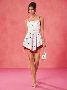 By Lucila Fernandez Designer White And Red Cherry Printed Satin Spaghetti Straps Drape Neck Romper - Red and White - View 1