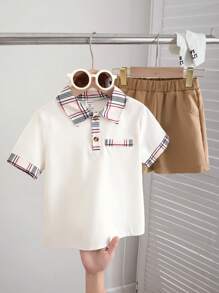 Set de 2 piezas de camisa de cuadros y shorts para niños pequeños, conjunto de estilo informal de caballero, a juego con papá, para primavera/verano (se venden 2 sets por separado) - Multicolor - Ver 6