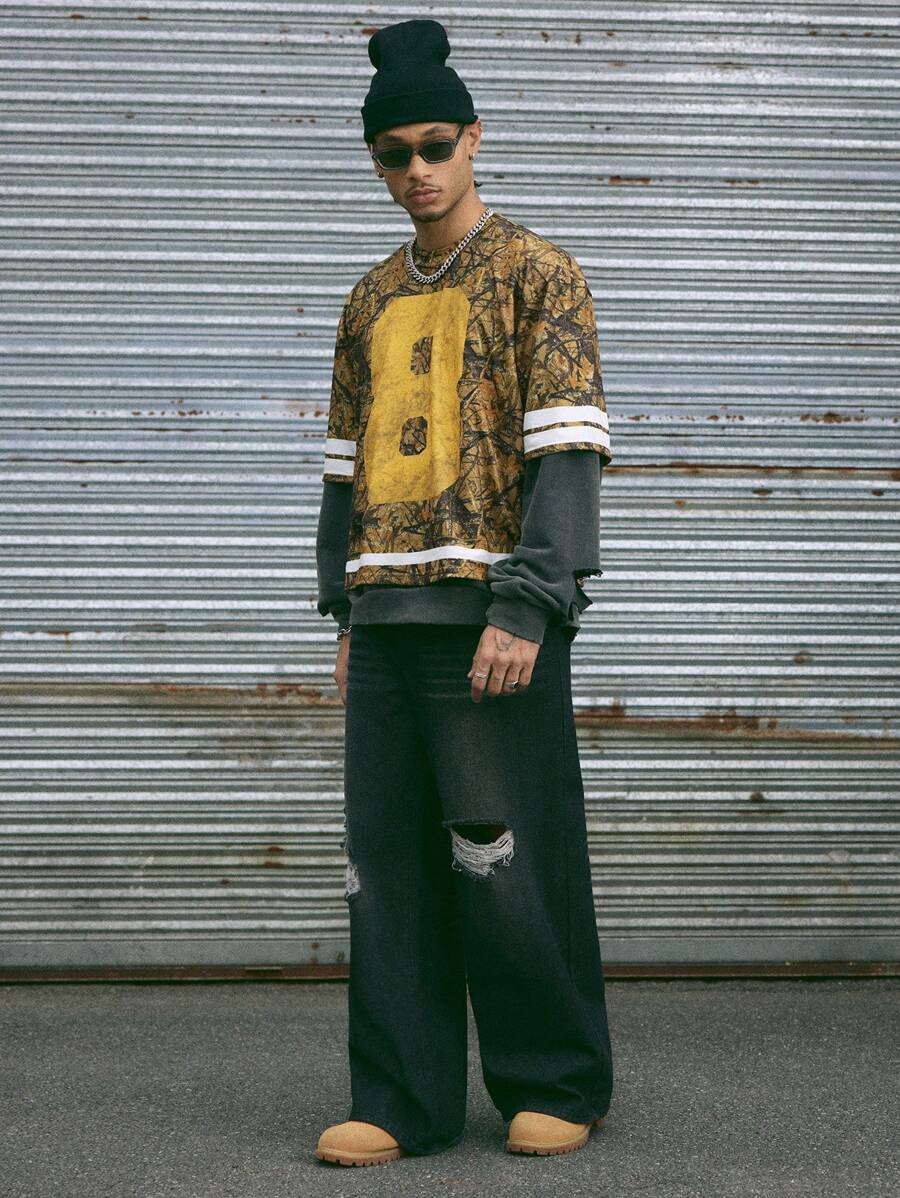 Manfinity VCAY Men's Digital Print Loose Knit Short Sleeve Crew Neck T-Shirt - Multicolor - View 1