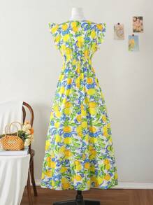 SHEIN Clasi Summer Holiday Outfits  Women's Elegant Shirred Cap Sleeve Elastic Waist Fruit Print Dress, Spring/Summer Beach Resort Dress Summer Dresses For Women Beach Outfits For Woman Maxi Dresses For Women Fall/Winter Women Clothes Back To School Modest Vintage Old Money Teacher Outfits For Women Airport Wedding Guest Dress Women Birthday Dresses For Women Club Outfit Halloween Costumes - Multicolor - View 8