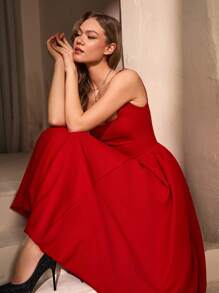EURMUSE Petite Elegantes langes Ballonkleid für Petite Größen Frauen - Rot - Übersicht 6