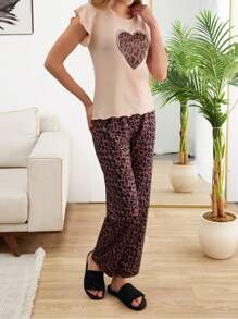 RueChic Women High Quality Lettuce Trim Contrast Colour Leopard Heart Printed Ruffle Short Sleeve Detail Shirt And Leopard Pattern Sleep Bottom PJ Set - Apricot - View 4