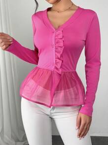 SHEIN Unity Modisches T-Shirt mit V-Ausschnitt und kontrastierendem Netzstoff, sexy Stil, geeignet für Verabredungen am Valentinstag, Damen - Heißes Pink - Übersicht 5