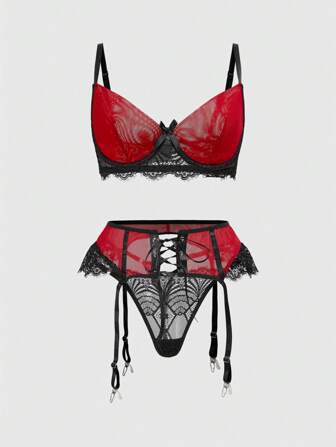 Goth 3 pezzi Set di lingerie gotica e romantica per San Valentino, con reggiseno con ferretto, cinturino e mutandine, set di lingerie sexy