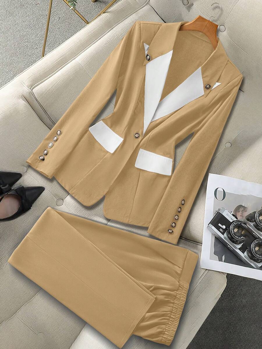 Celure Plus Size Women Contrast Color Lapel Collar Long Sleeve Jacket And Pants Suit Set - Khaki - View 1