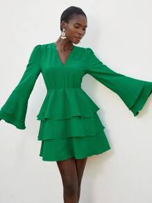 SHEIN Privé Green Solid V-Neck Ruched Multilayer Ruffle Hem Flare Sleeve Mini Dress For Women Fall Cloth For Women - Green - View 3