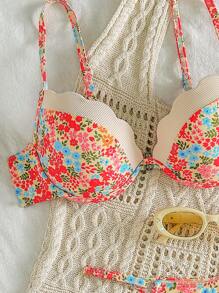 SHEIN Swim Women 2pcs Spring Break New Bikini Set, Ditsy Floral Adjustable String Triangle Bottoms & Push Up Top Cute Bathing Suit For Summer Beach Vacation - Multicolor - View 4