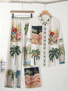 Breezaya Plus Size Women Palm Tree Print Long Sleeve Single-Breasted Shirt And Wide Leg Pants 2pcs Casual Suit Fall Cloth For Women
