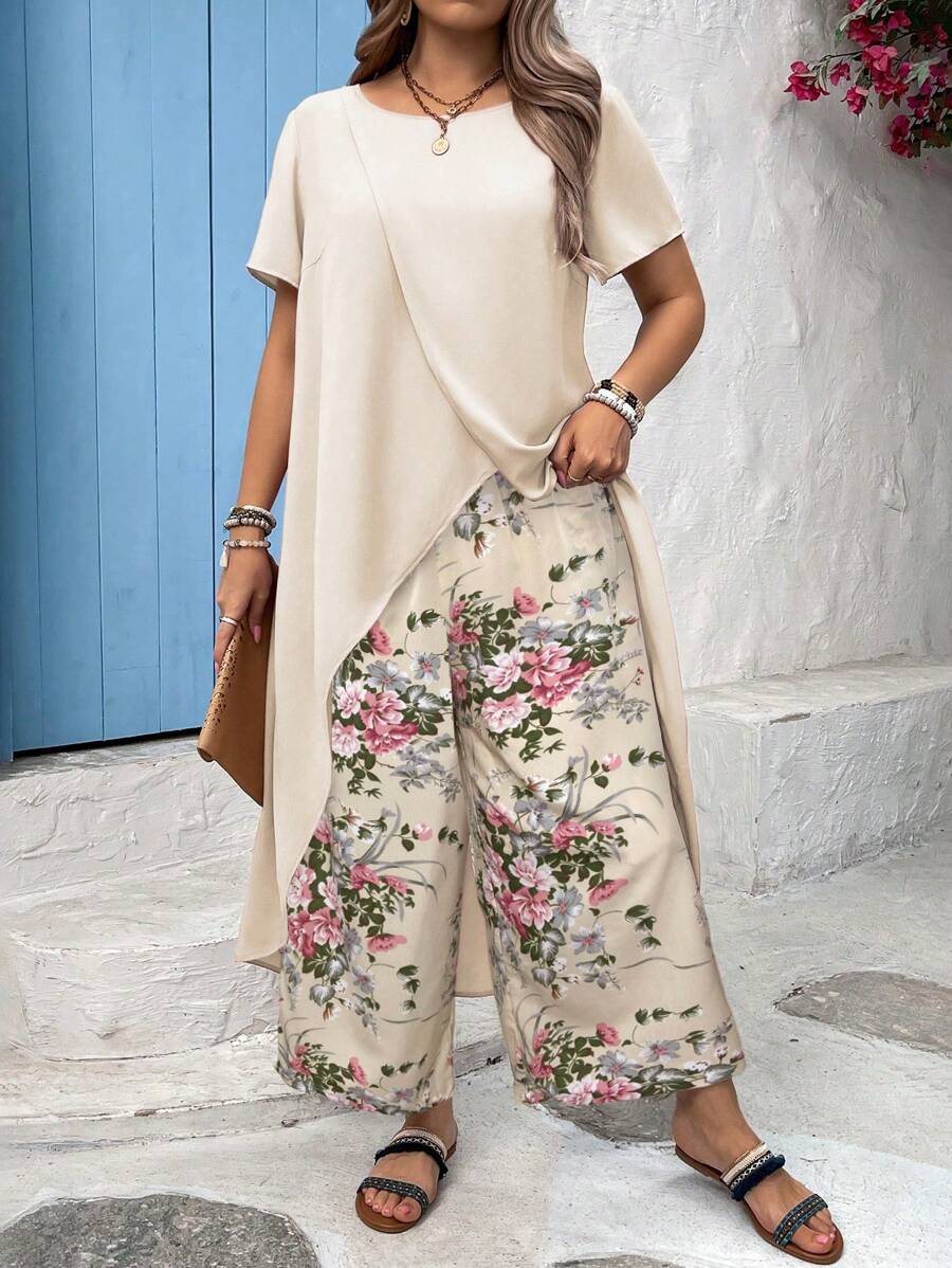 SHEIN VCAY 加大码两件套：长款花卉印花燕尾短袖衬衫搭配花卉印花裤