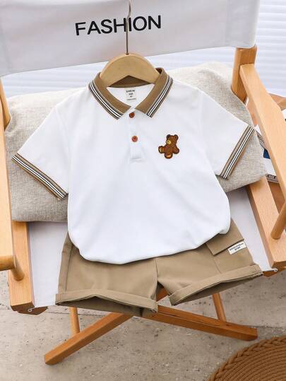 SHEIN 男童 2 件套休闲可爱百搭卡通熊 Polo 衫和卡其色短裤针织套装，适合学校、花园、海滩、生日、春季、夏季、秋季、冬季