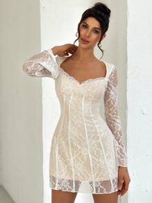 Firerie Romantic Lace Sweetheart Neck Bustier Waist A-Line Bell Sleeve Mini Dress, Elegant Date Outfit, Spring/Summer Fairycore Concert Rave Outfit Women - White - View 7