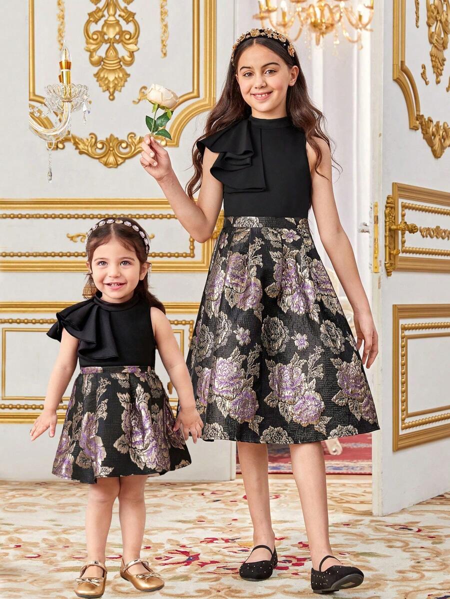 SHEIN 2 件装女婴优雅花卉印花上衣和 A 字裙套装，夏季 - 黑色 - 查看 1