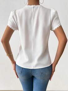 RosyDaze Women's Elegant Casual Solid Color Lace Patchwork Pleated Collar Lantern Sleeve Blouse - White - View 2