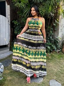 SHEIN SXY Plus Size Women's V-Neck Backless Tie-Dye Ruffle Print Dress,Green,Summer,Boho,Vacation,Holiday,Casual Beach Outfits,Cute Date Night Streetwear - Multicolor - View 3
