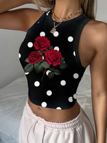 SHEIN EZwear Casual Simple Polka Dot Flower Pattern Round Neck Tight Women's Tank Top Suitable For Summer Chic - White - View 3