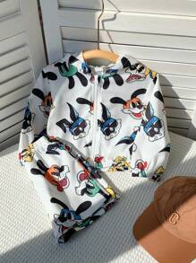 SHEIN 2 Pieces Set Baby Boy Cute Cartoon Pattern Hoodie Jacket And Shorts Casual Holiday Outfit, Spring & Summer